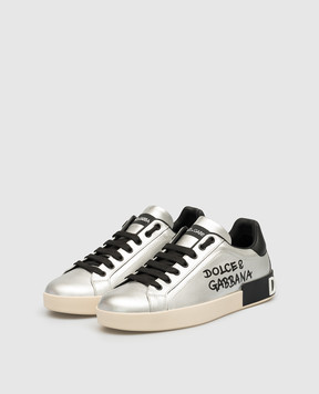 Dolce&Gabbana Portofino leather sneakers with logo in silver CS1772AW151