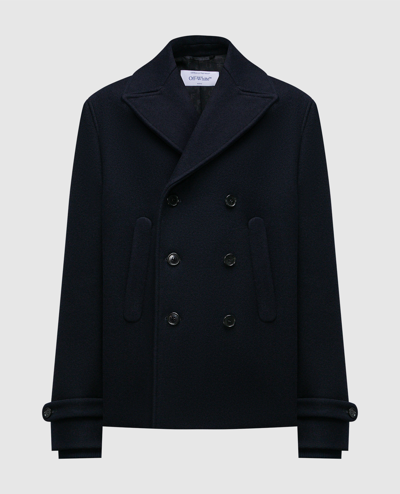 Blue double-breasted coat with arrows embroidery off-white