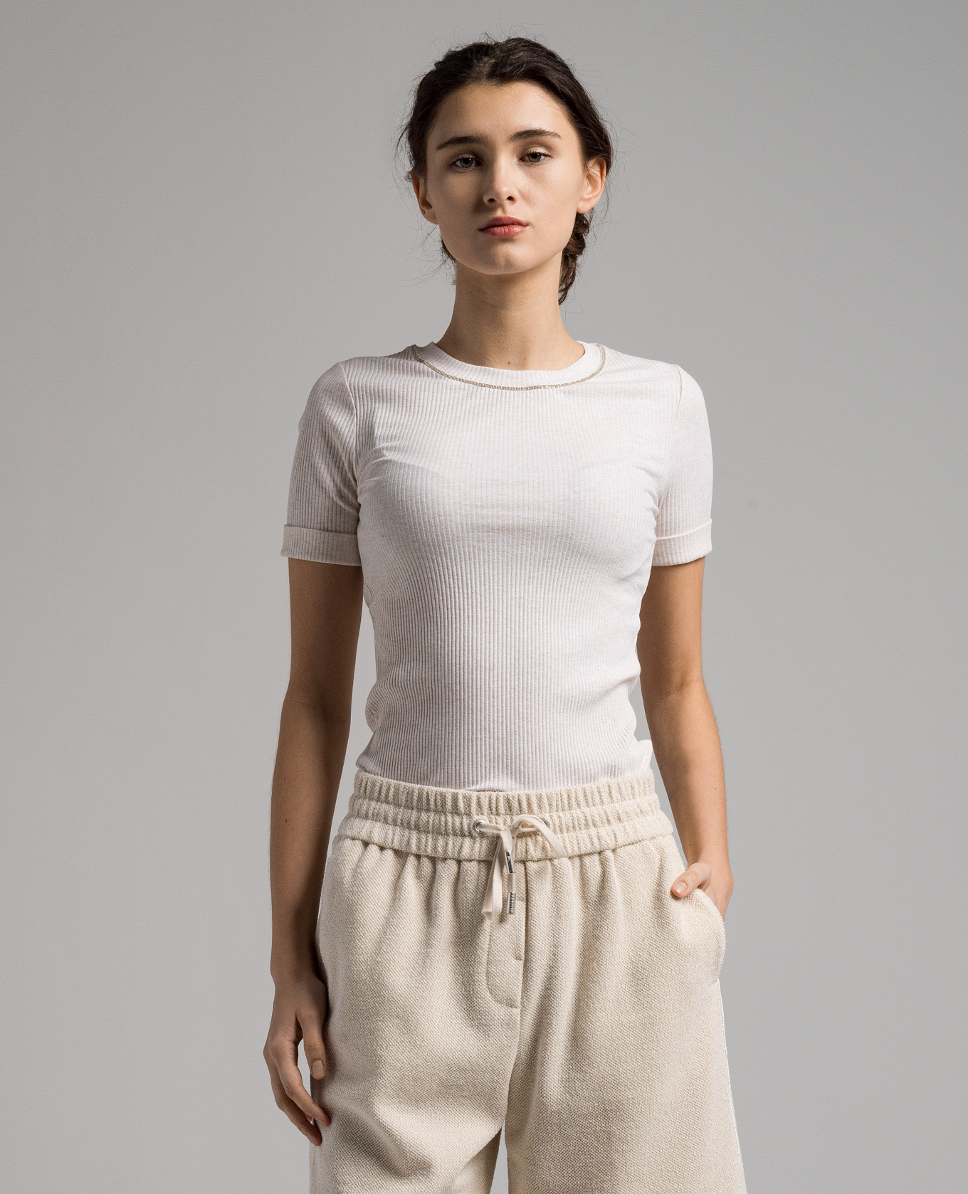 

Beige striped t-shirt with monil chain Peserico