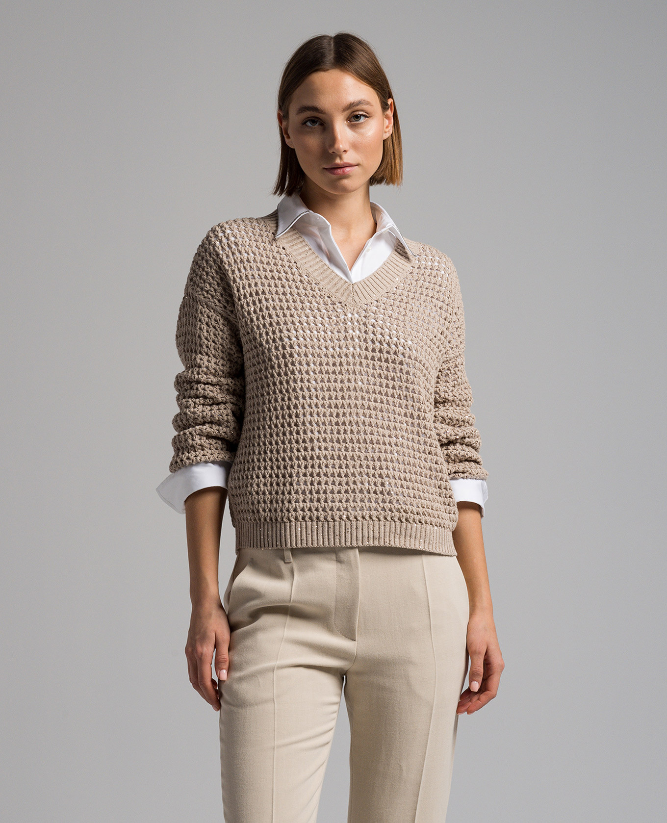 

Beige openwork pullover with sequins Brunello Cucinelli