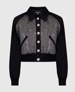 Balmain Black cropped denim jacket with crystals BF0TH072DD76