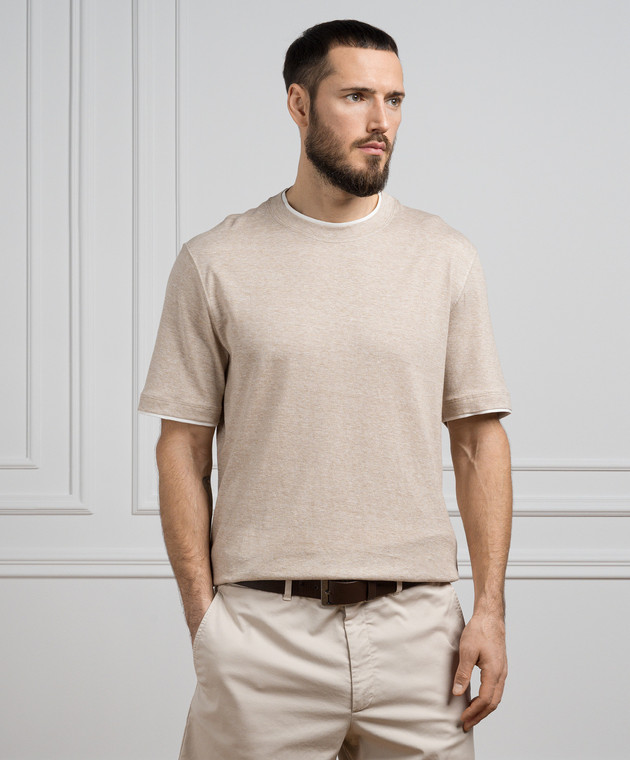 【関税・送料込み】BRUNELLO CUCINELLI BEIGE COTTON T-SHIRT Brunello Cucinelli - Beige melange t-shirt with linen