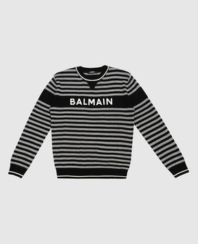 Balmain Children's gray striped wool jumper with logo BBT9P30W0012410