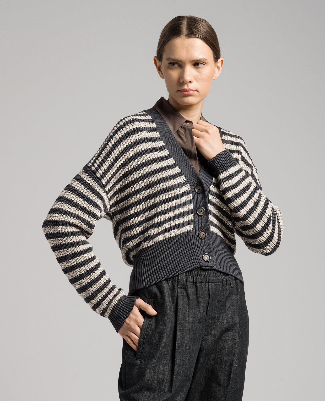

Gray striped cardigan with sequins Brunello Cucinelli, Grey