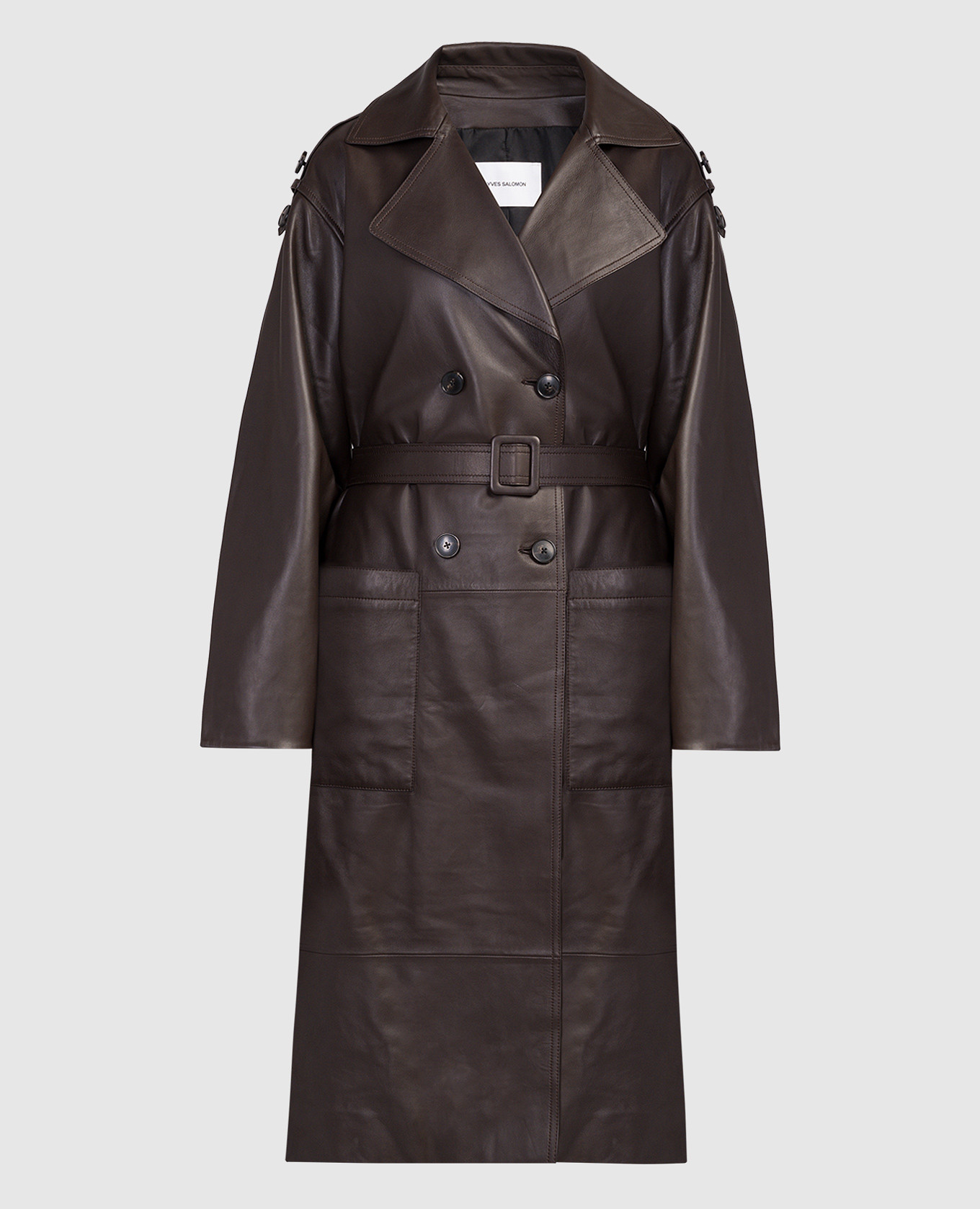 Brown double-breasted leather trench coat yves salomon