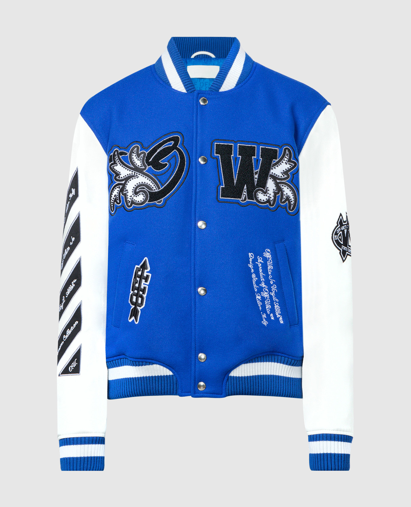 Varsity logo combo bomber jacket in blue off-white