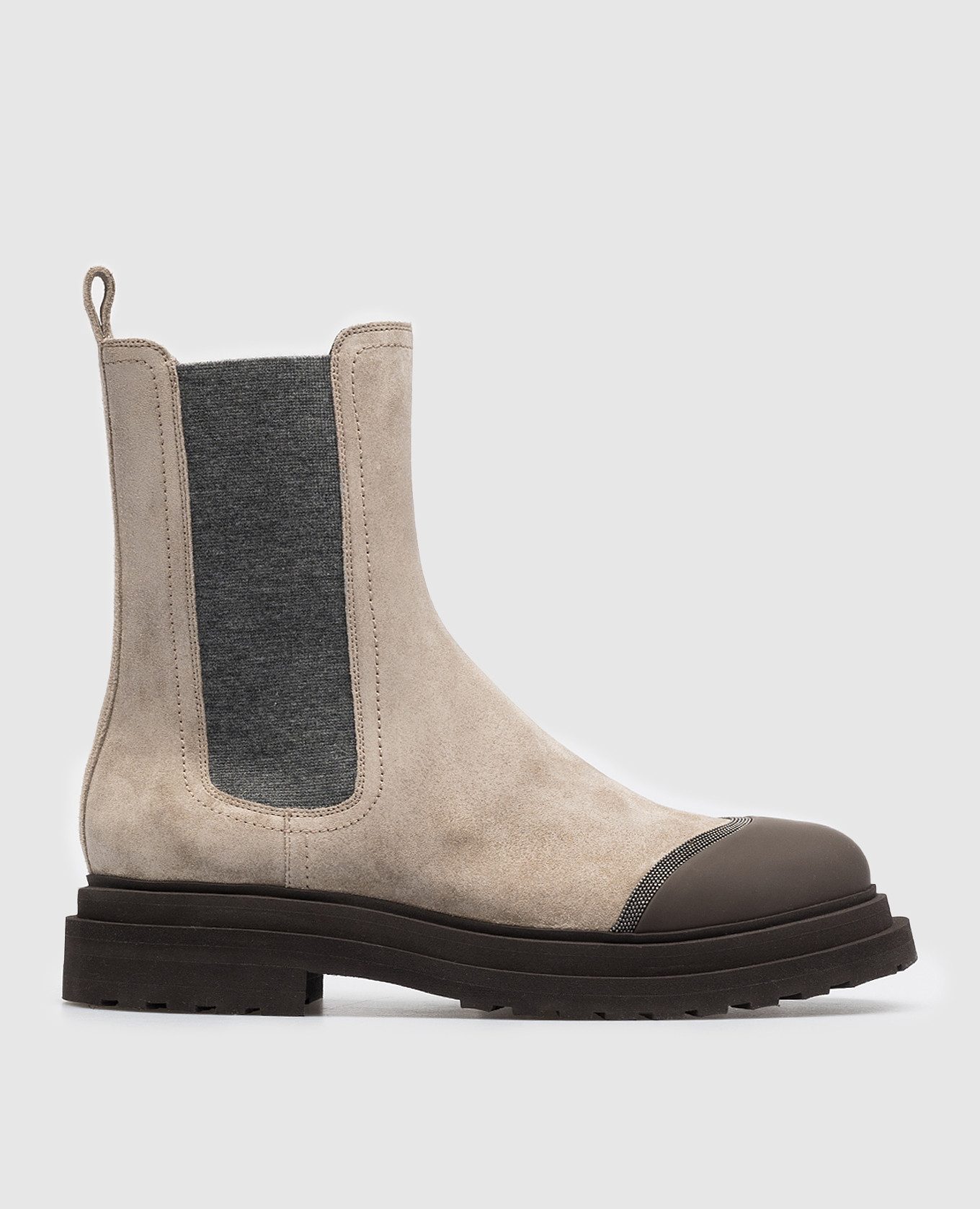 

Beige suede chelsea boots with monil chain Brunello Cucinelli