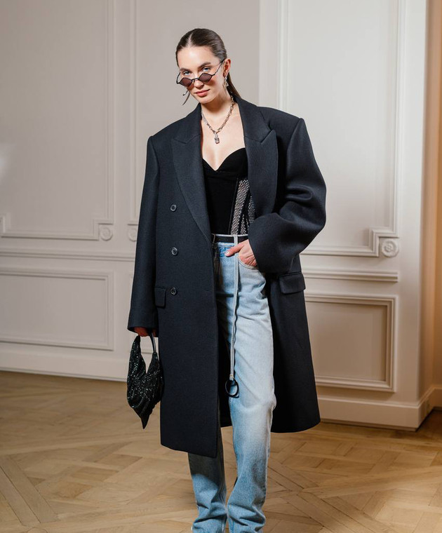 Black double-breasted coat made of wool W4030R09