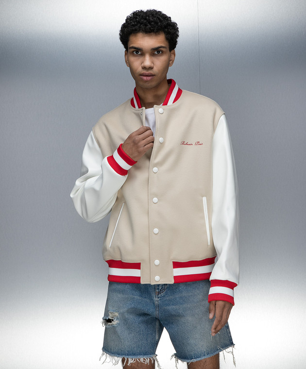 Balmain - Beige wool bomber jacket with logo embroidery