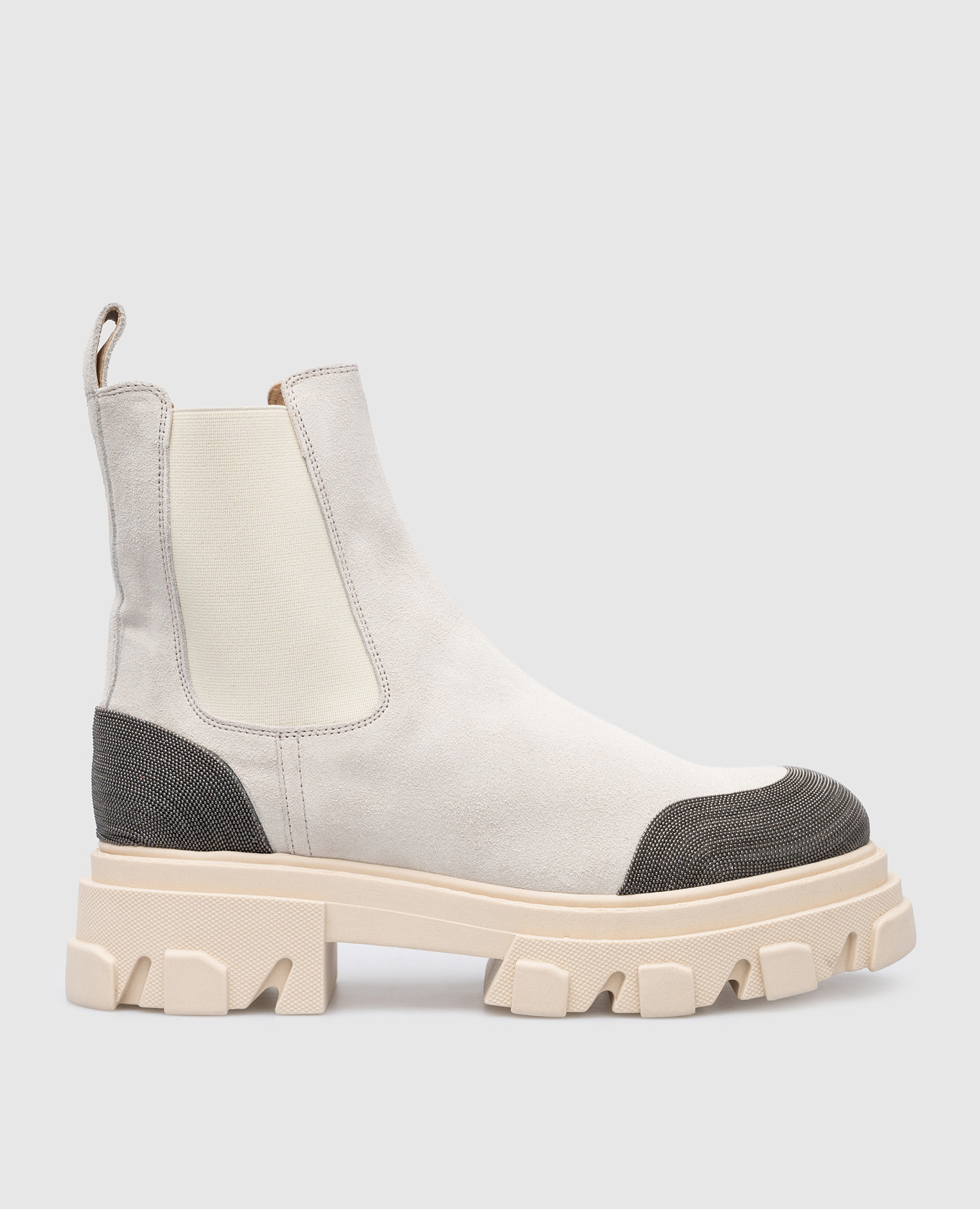 Gray suede chelsea boots with monil chain