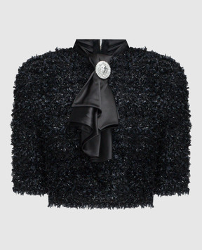 Balmain Black Silk Ascot Collar Top BF0AI135MD26