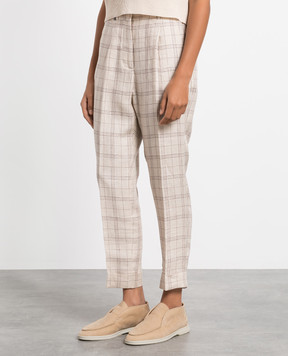 Peserico Light beige checked linen trousers with monil chain P0442606877