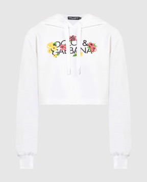 Dolce&Gabbana White cropped hoodie with floral logo print F9R58ZGDCBG