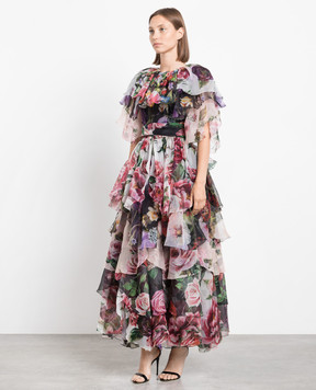 Dolce&Gabbana Floral printed silk maxi dress with frills F6D2ZTGDN77