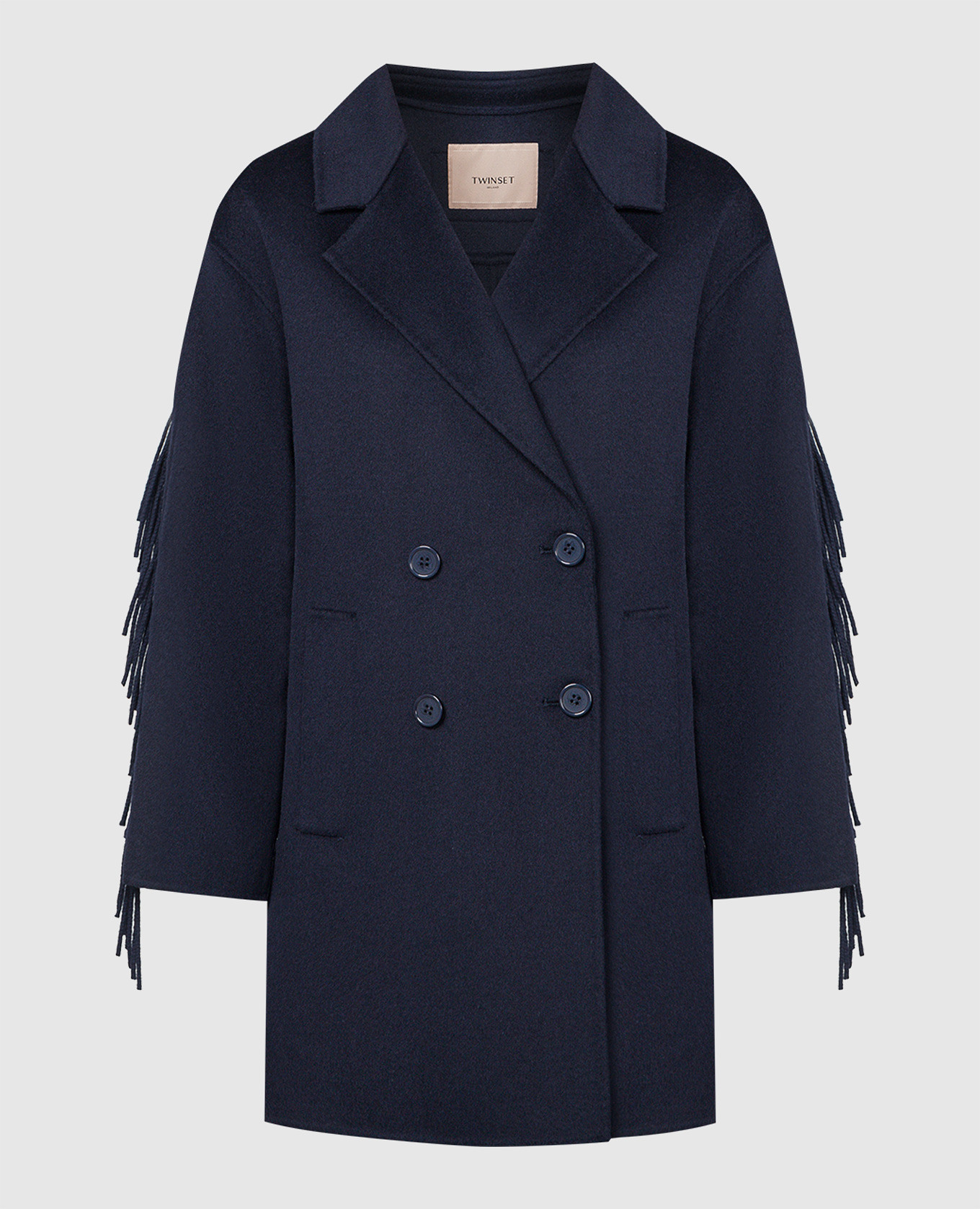 Blue double-breasted coat with wool and fringe twinset