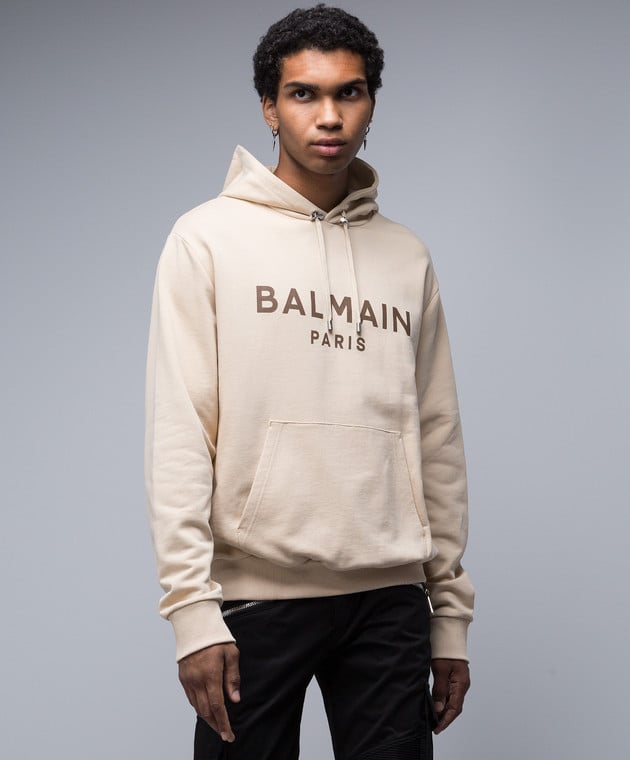 Balmain Beige logo print hoodie BH0JR002BB65 buy with Greece delivery at Symbol