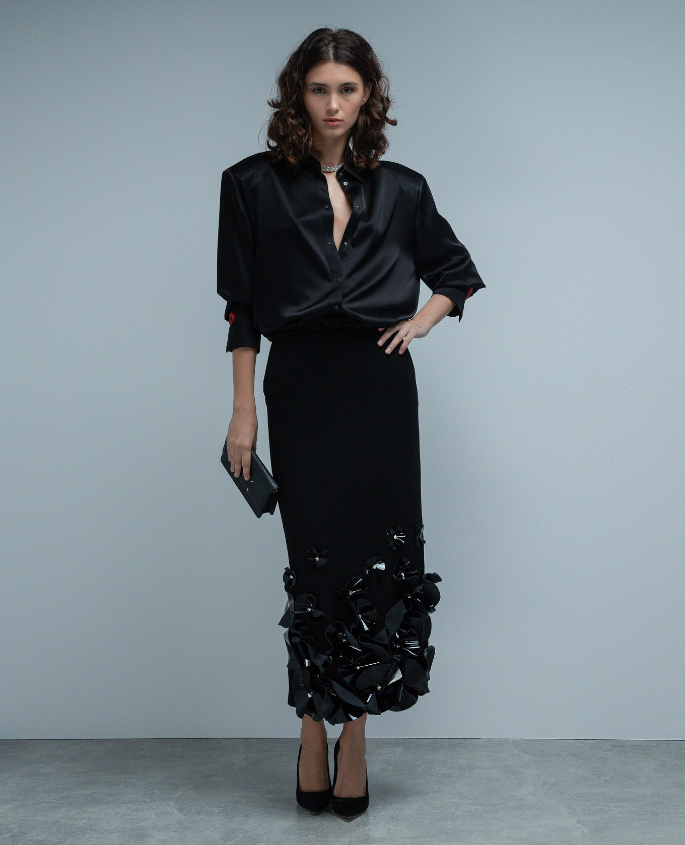 

Black wool skirt with floral appliqué David Koma