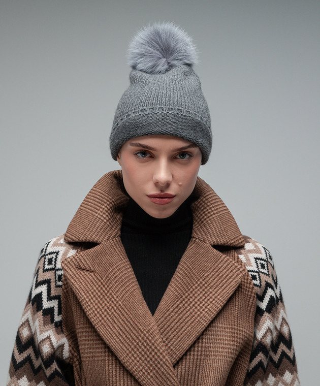 Max Mara - Gray Nazione cashmere hat with fox fur NAZIONE  display picture 1