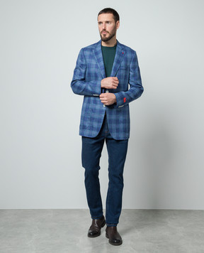 ISAIA Blue wool, silk and linen check blazer 521GSI9099N