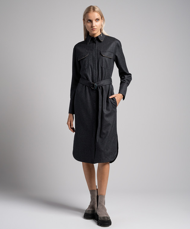 brunello cucinelli shirt dress Brunello Cucinelli - Gray wool shirt dress with monil chain ME226A5150