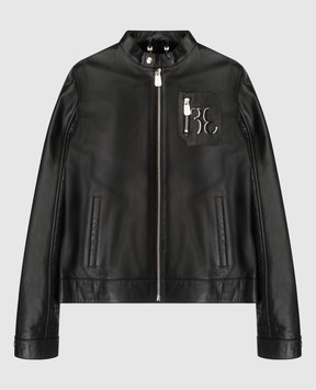 Billionaire Children's black leather jacket with logo embroidery BLB01421216