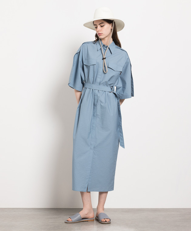 brunello cucinelli blue dress Brunello Cucinelli Women's Belted Striped Maxi Shirtdress - Blue White