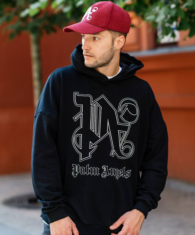 Palm Angels Black hoodie with a vintage effect and logo PMBB126E23FLE001 buy with Czech Republic delivery at Symbol