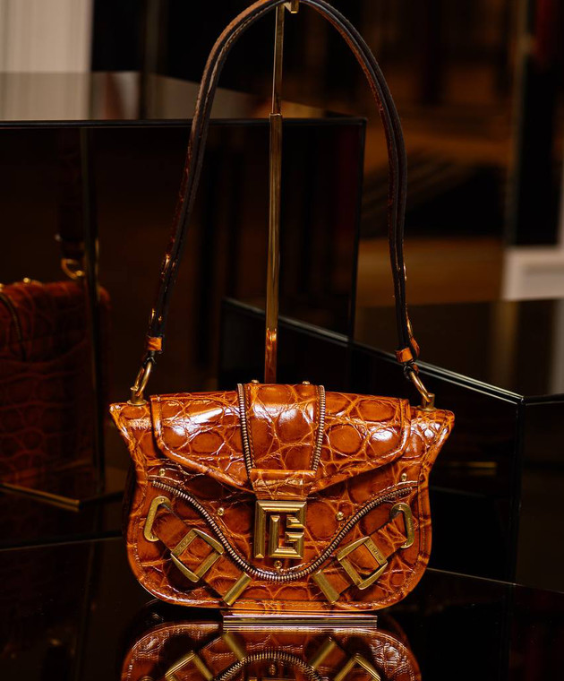 Balmain - Blaz brown leather messenger bag with crocodile