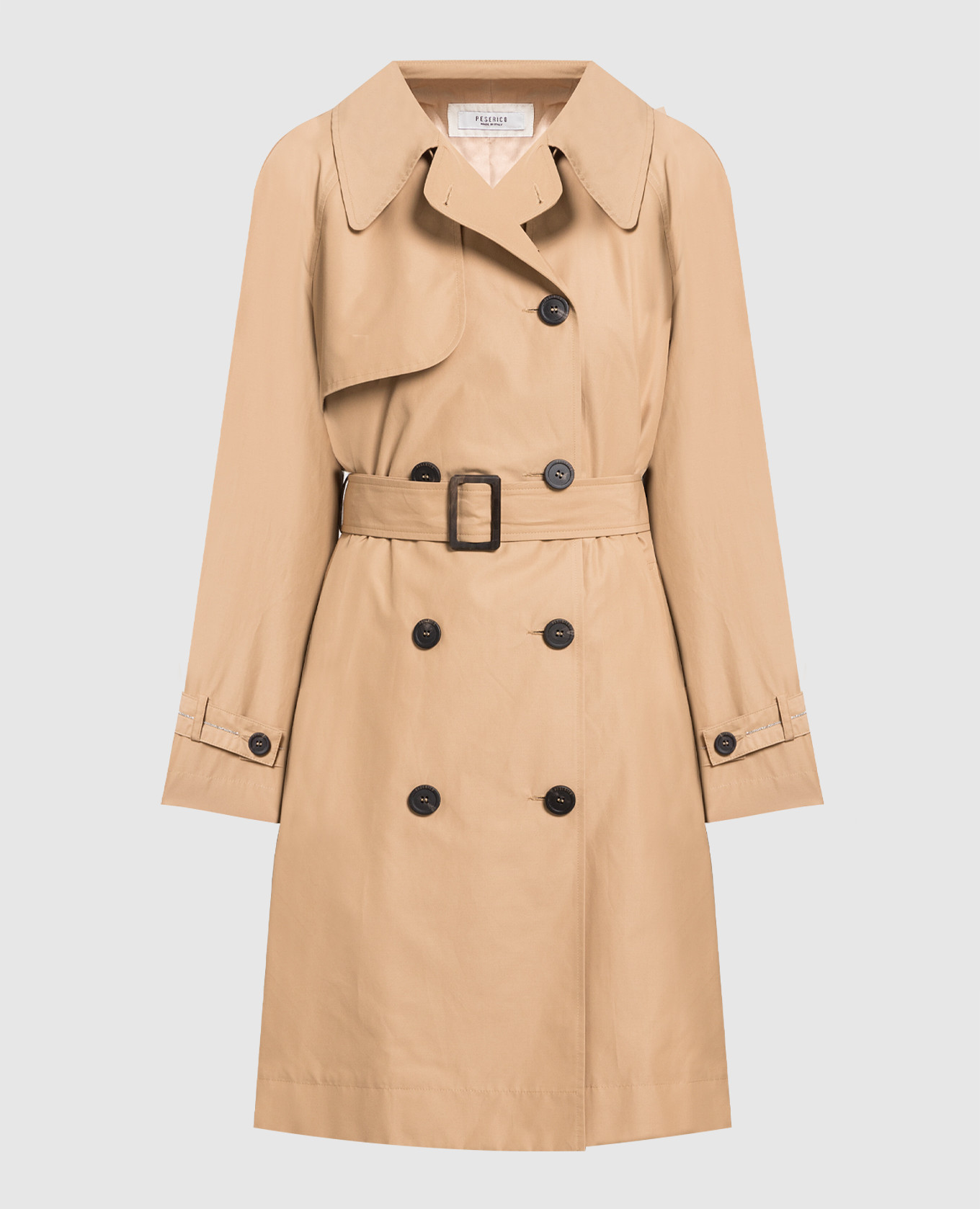 Brown double-breasted trench coat with monil chain peserico