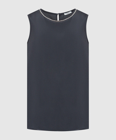 Blue silk top with monil chain