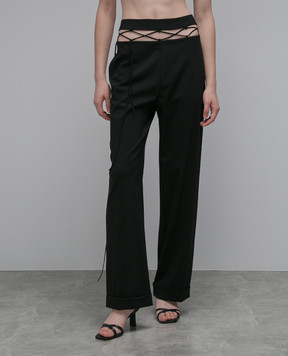 Nensi Dojaka Black pants made of wool with a cutout and lace-up NDAW23TRS037