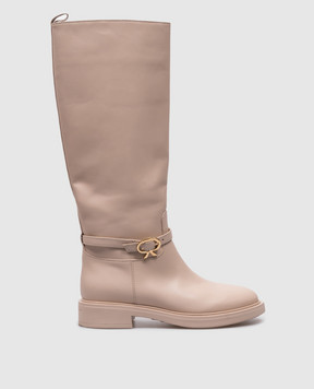 Gianvito Rossi Ribbon Cavalier beige leather boots with metal logo G8034520GOM