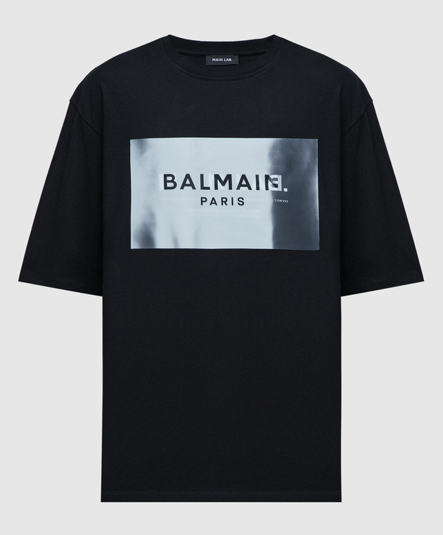 Balmain - Czarna koszulka z holograficznym logo Main Lab