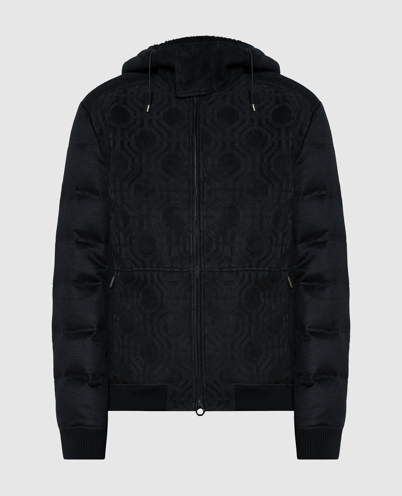 Black combined cashmere and suede down jacket with branded embroidery stefano ricci