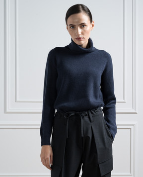 Brunello Cucinelli Blue ribbed cashmere turtleneck with monil chain M12175403