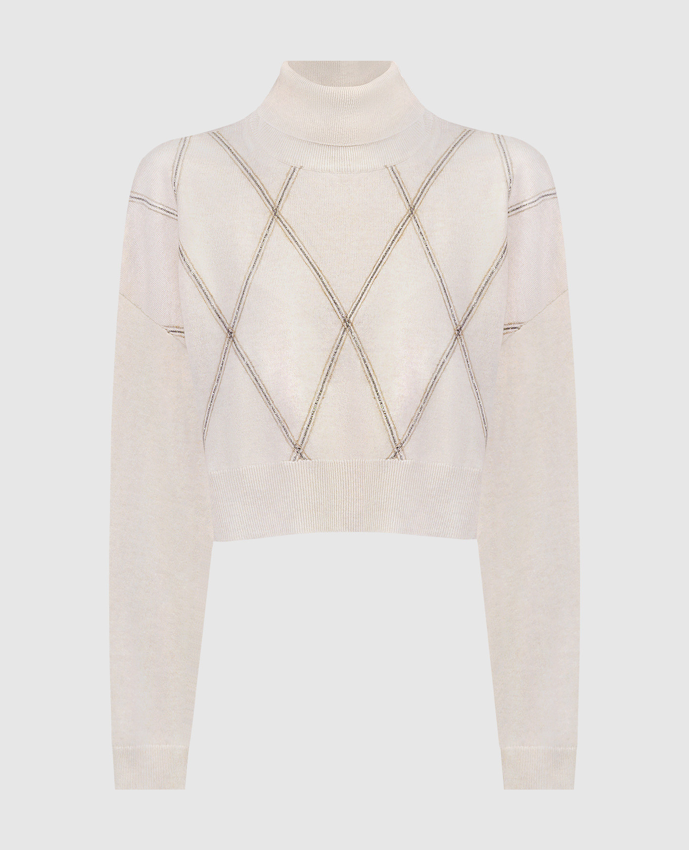 Beige sweater in a geometric pattern with a monil chain made of ekolatuny brunello cucinelli
