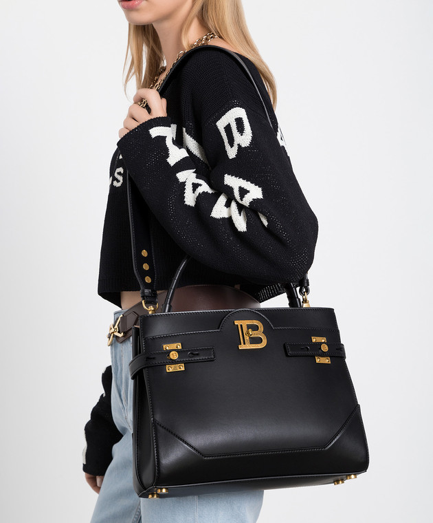 Balmain - Black leather B-Buzz trapeze bag with textured