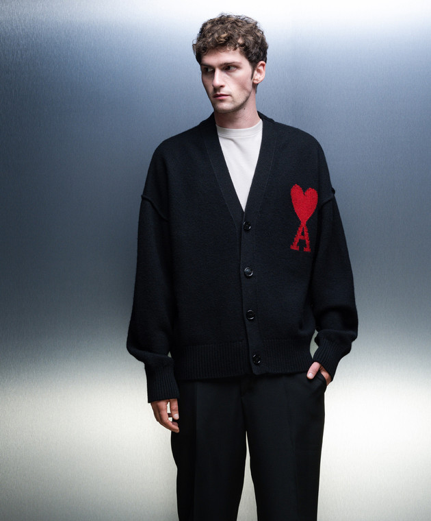 Ami Paris - Black cardigan made of wool with a pattern BFUKC006018