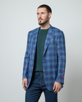 ISAIA Blue wool, silk and linen check blazer 521GSI9099N