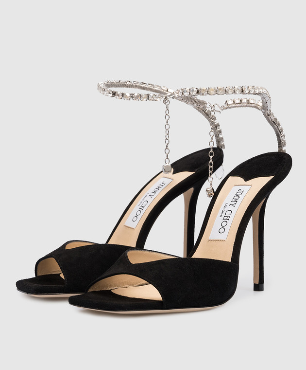 Jimmy Choo - Saeda 100 czarne zamszowe sandały z kryształkami