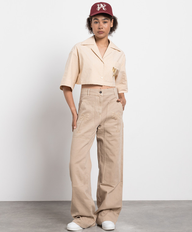 Palm Angels Beige cargo jeans with embroidery PWCF008E23FAB001