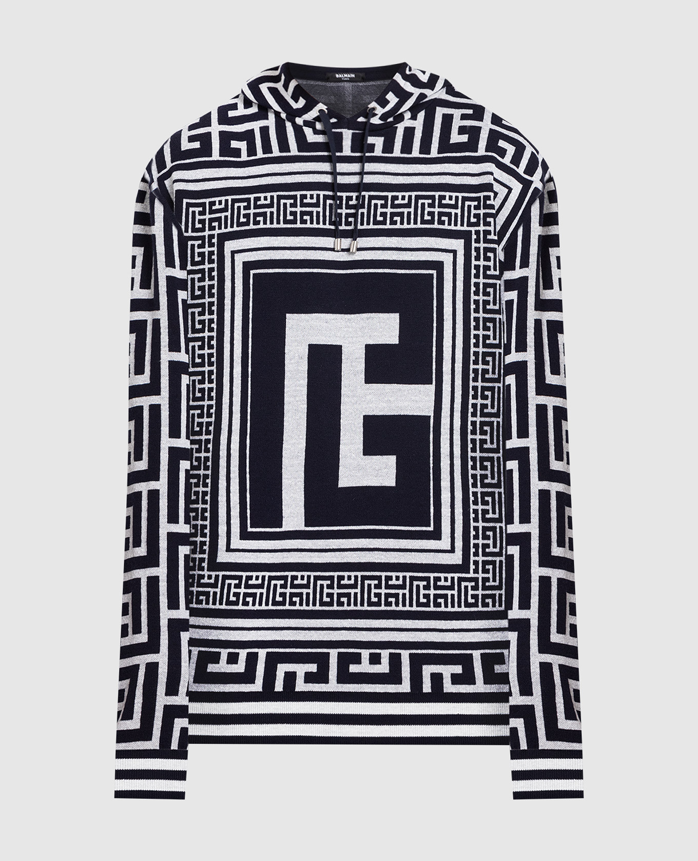 

Blue wool and linen hoodie with logo monogram pattern Balmain