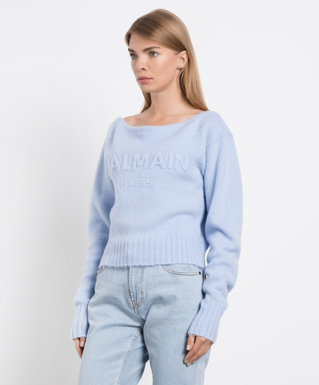 Balmain Blue wool and cashmere sweater with textured logo YF1KA022KC26 buy with European delivery at Symbol