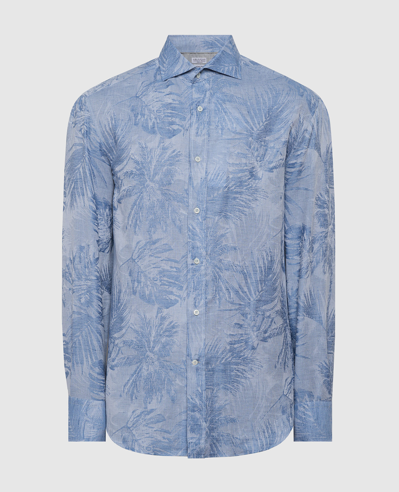 Blue shirt with linen in a tropical pattern brunello cucinelli