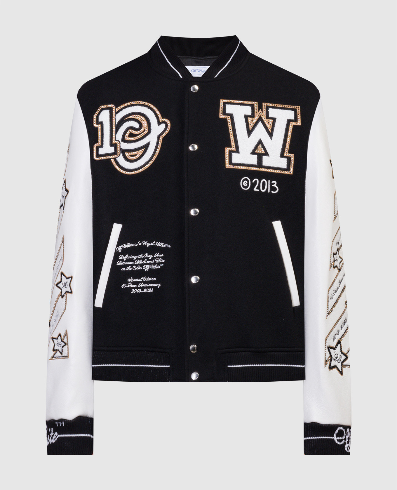 Black logic bomber jacket with archival symbols from a decade of crystal history off-white