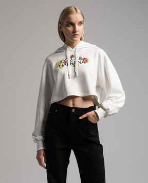 Dolce&Gabbana White cropped hoodie with floral logo print F9R58ZGDCBG