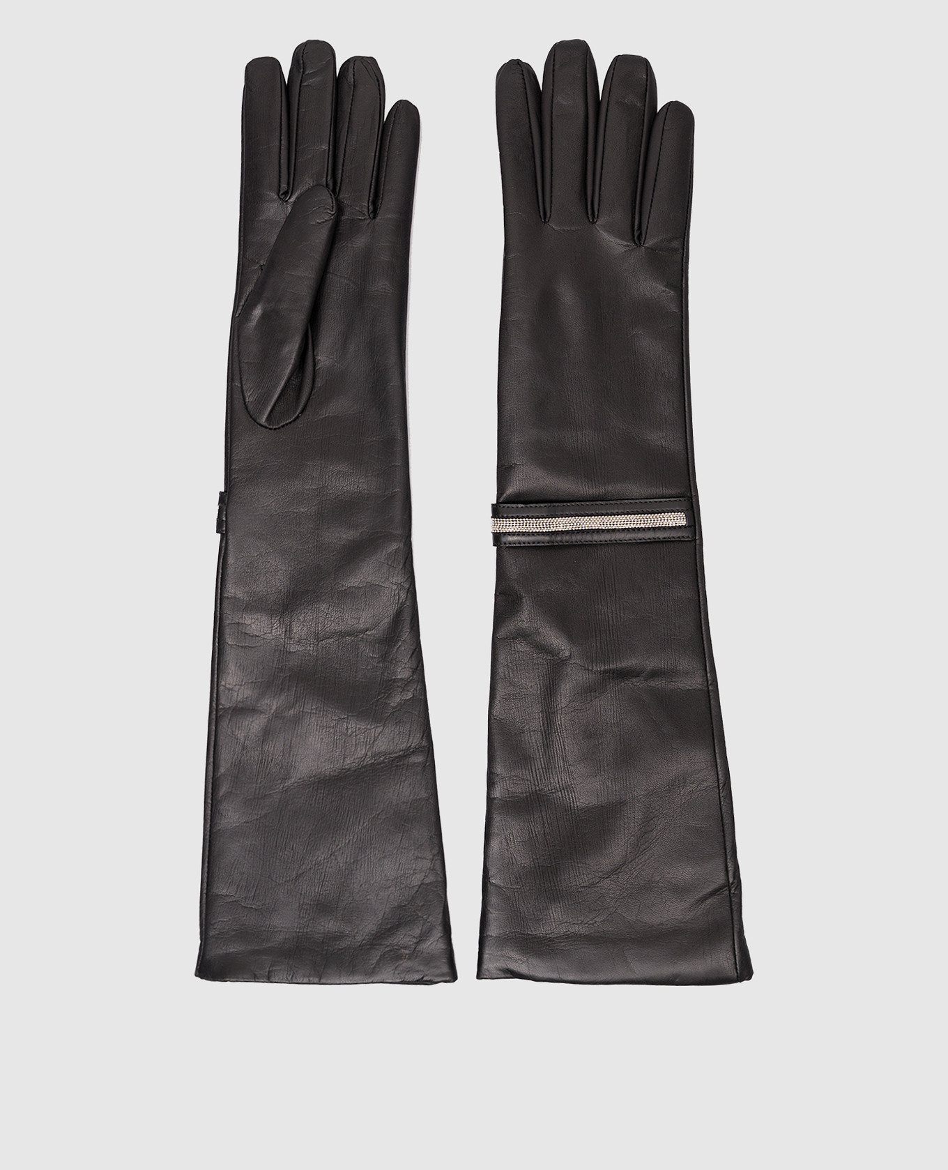 Black leather gloves with monil chain Peserico