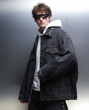 Off-White Gray denim jacket with eyelets OMYE090F23DEN008