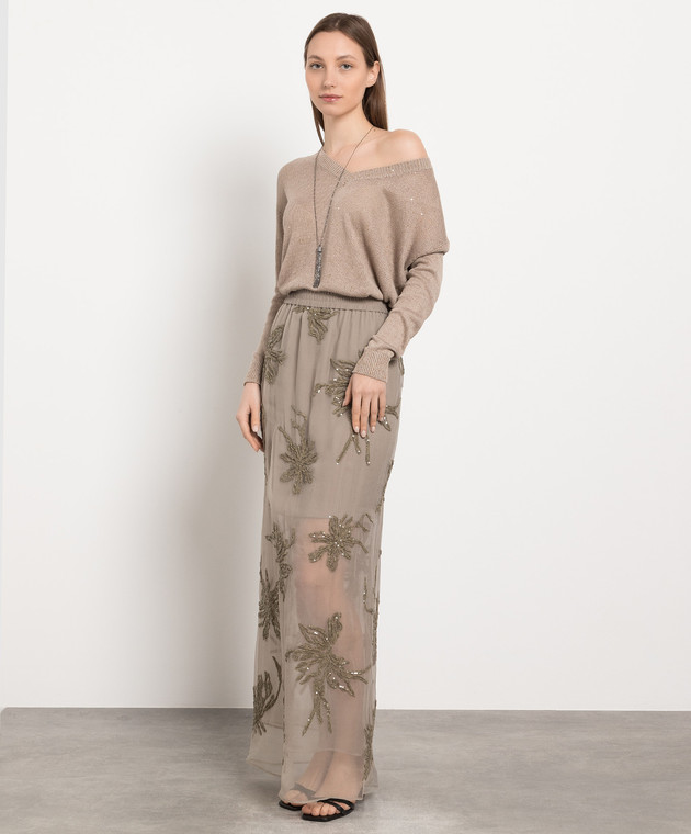 Brunello Cucinelli - Khaki linen skirt with sequins MF940G3393