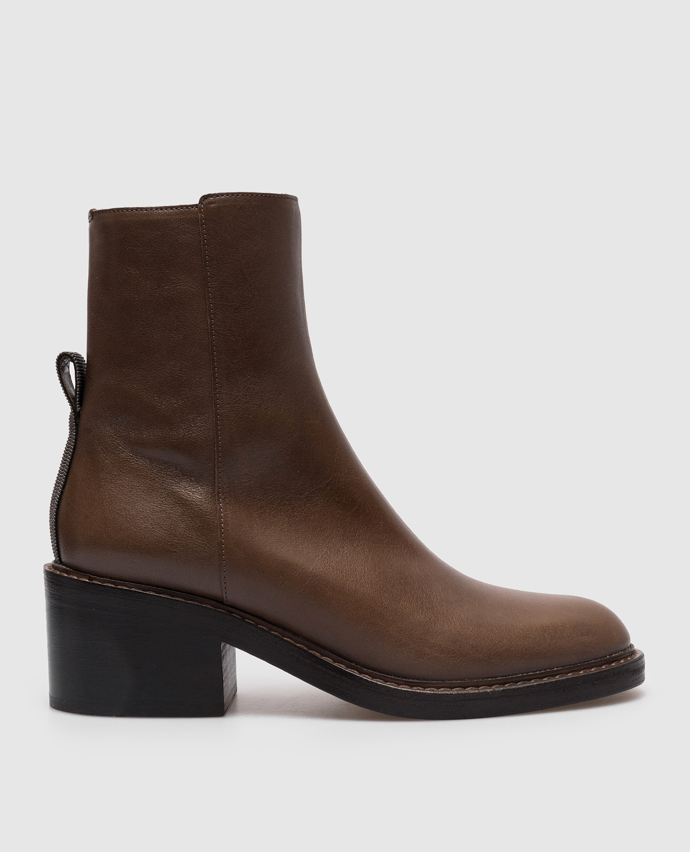 Brown leather ankle boots with monil chain brunello cucinelli